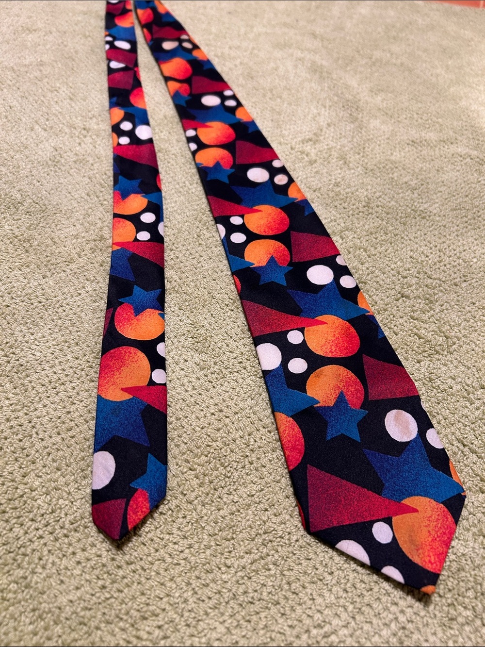 Geometric Stars & Circles Silk Tie in Black, Blue, Orange